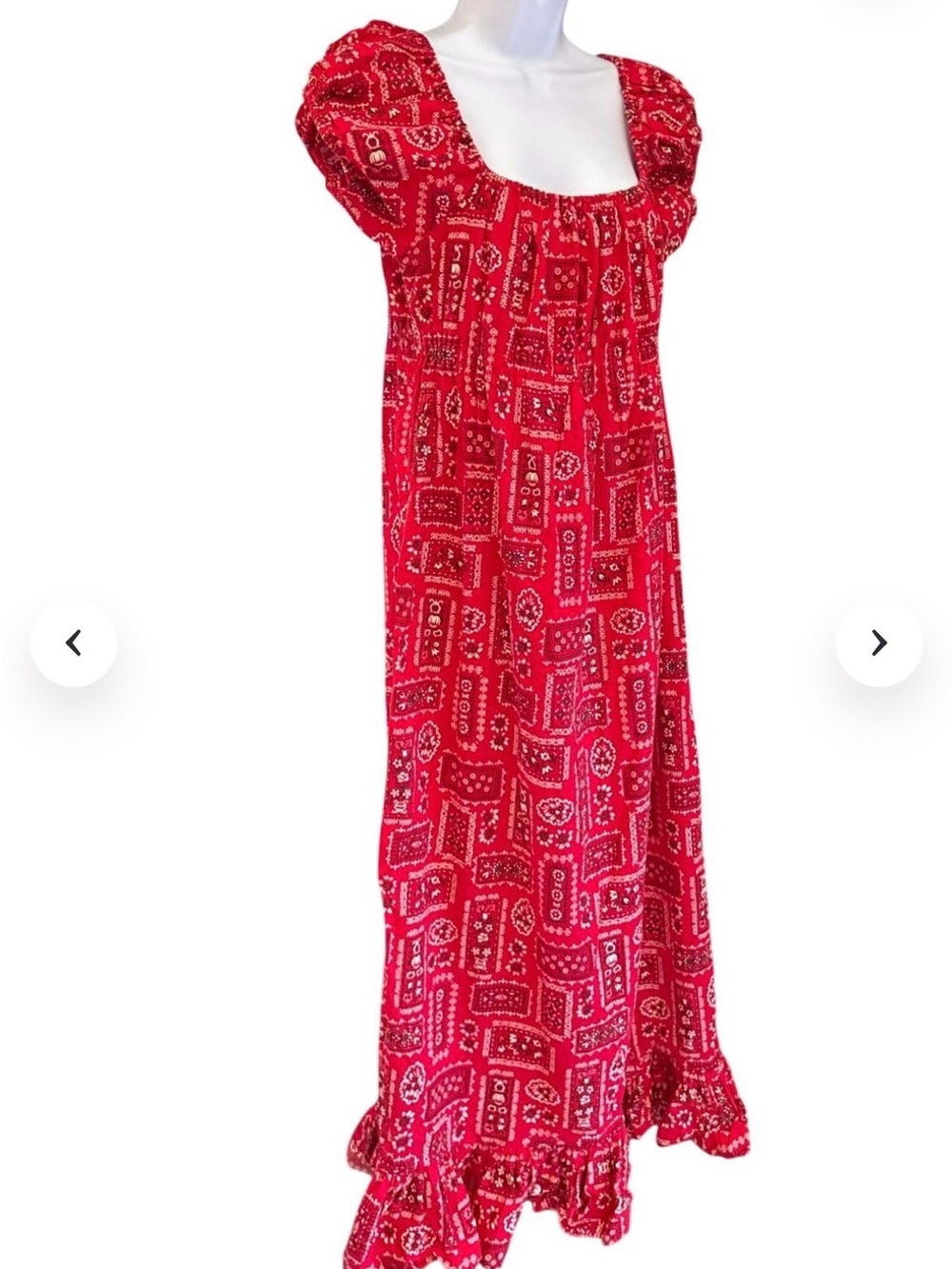Vintage Red Bandana Print Ruffled Hem Maxi Dress Puff Sleeves Sz 14 Union Label